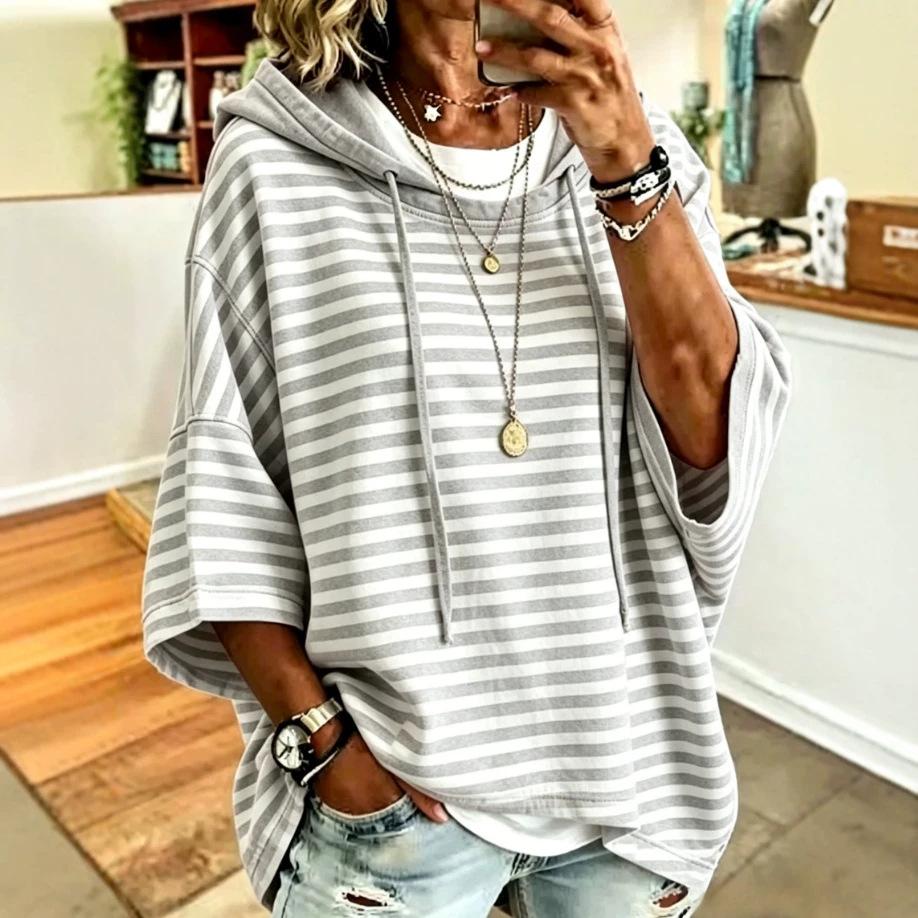 Women Striped Hooded Short Sleeve Oversized T Shirt Casual Loose Color Block Tee