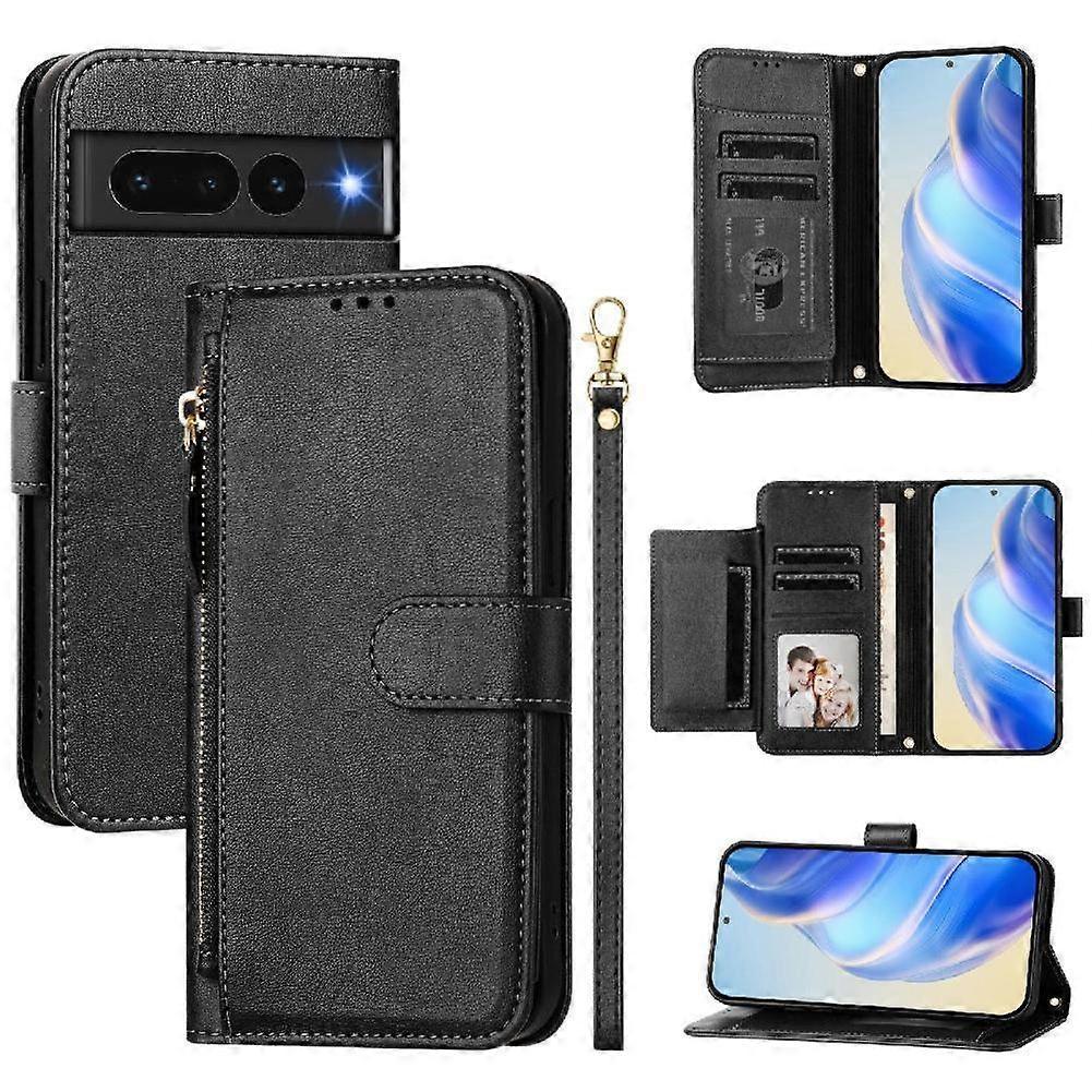 Wallet Phone Case for Pixel 7 Pro with Zipper Card Holder, Detachable Strap, Kickstand, Magnetic Closure
