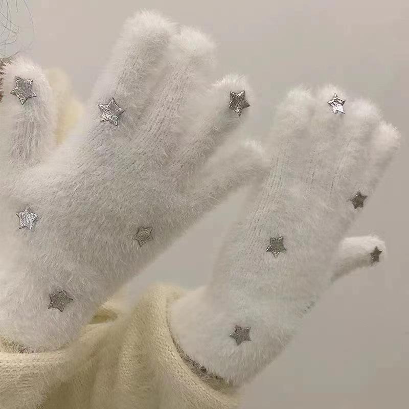 Star Pattern Gloves Winter Women Student Riding Finger Gloves Cute Fleece Lined Thick Warm Mink Plush