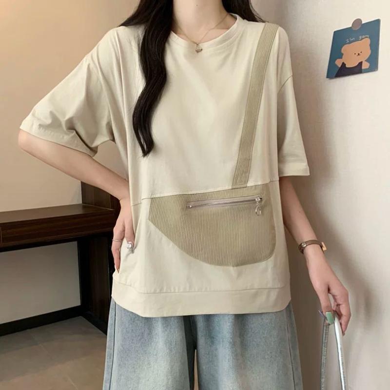 Vintage Reißverschlusstaschen Patchwork Locker Trend Oberteile Sommer Kurzarm Einfarbig Locker Mode T-Shirts Lässig Koreanische Damenbekleidung