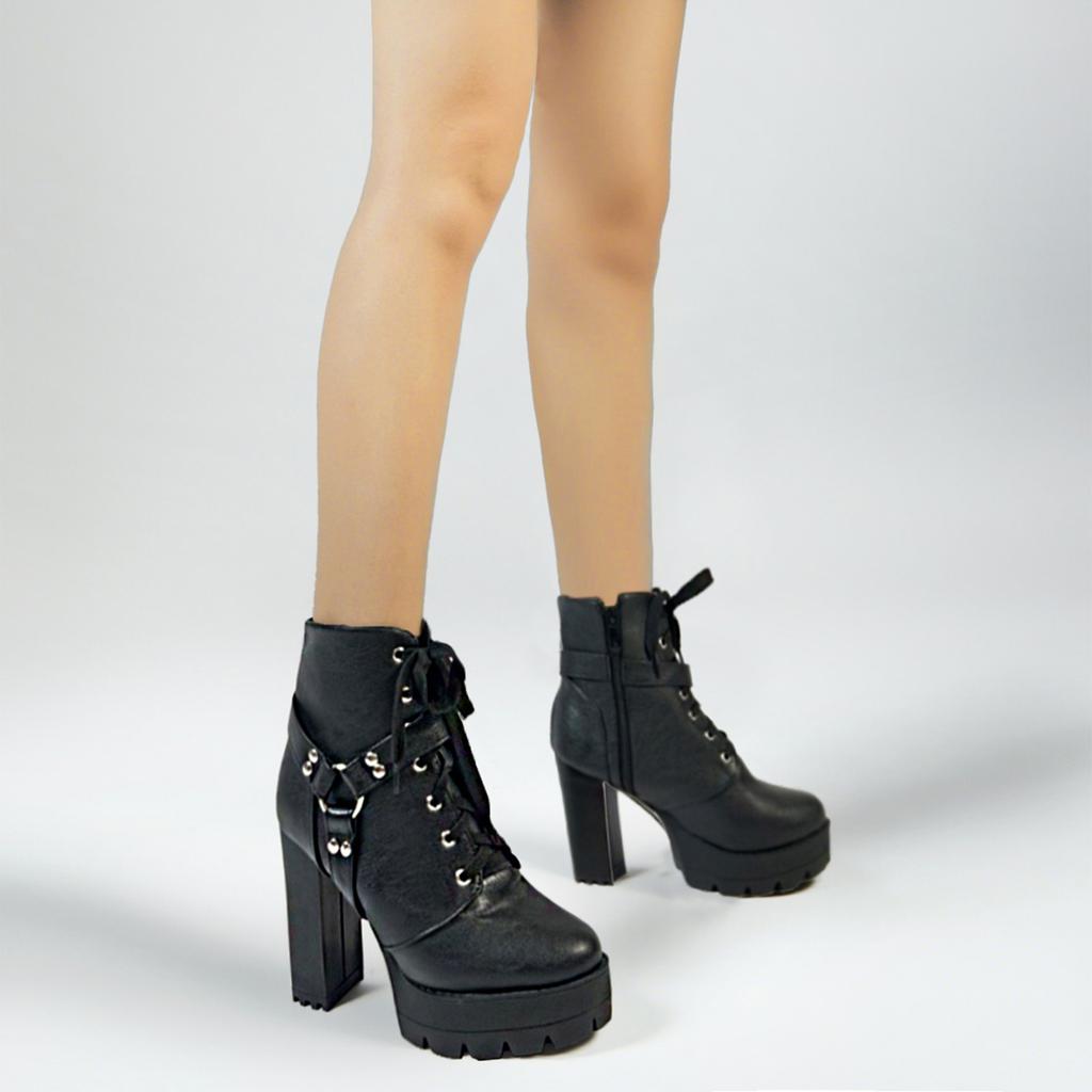 FOREADA Damen Stiefeletten Runde Zehenpartie Dicke Hohe Absätze Metalldekoration Plateau Reißverschluss Kurze Stiefel Damen Modeschuhe Herbst Winter