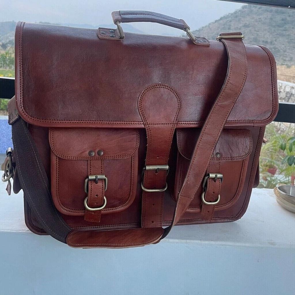 Men's Leather Messenger Satchel Shoulder Briefcase Business Bag Hand-Made