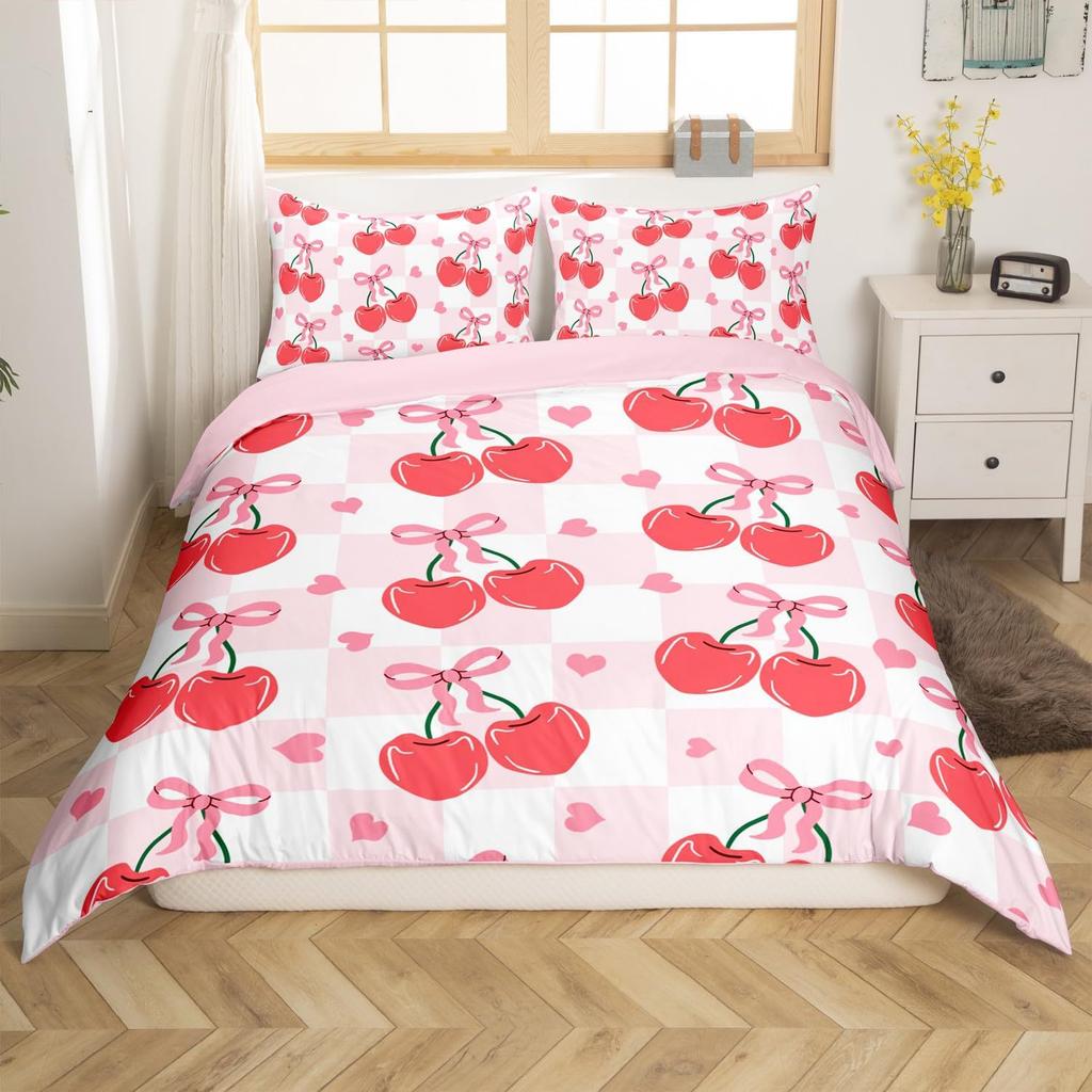 Red Cherry Printed Bedding Set Cartoon Tropical Fruit Duvet Set Three-Piece Set