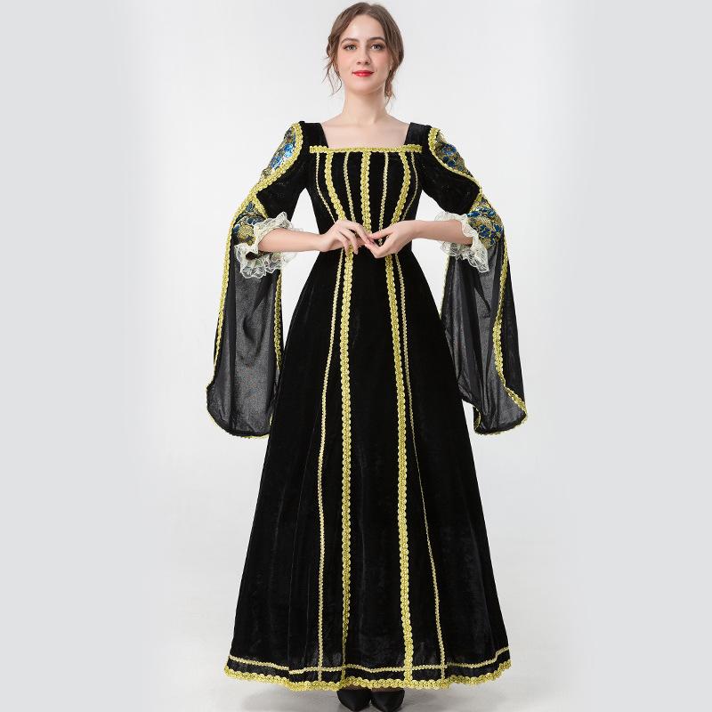 Retro Renaissance medieval queen dress, Victorian Gothic court ball dress, women's black long sleeved Halloween costume