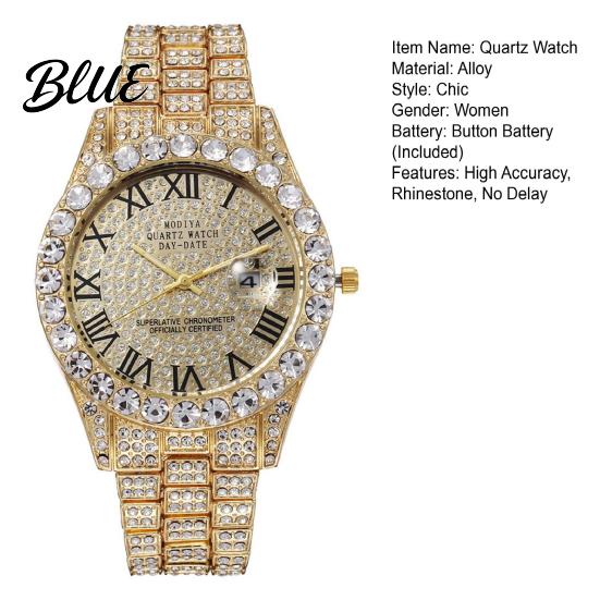 Men Quartz Movement Umber Calendar Alloy Rhinestone Round Dial Watch Ladies Decor Roman Casual Outfit