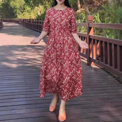 2025 Summer New Floral Cotton and Linen Dress Women's Loose Large Size Round Neck Five-quarter Sleeve Printed Medium and Long Skirt