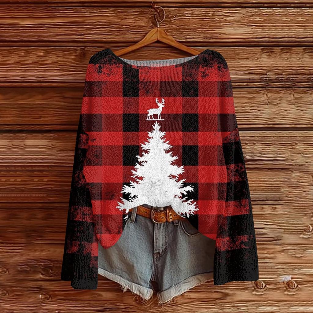 Women's Fashion Round Neck Long Sleeve Christmas Print Casual Pullover Sweater Top