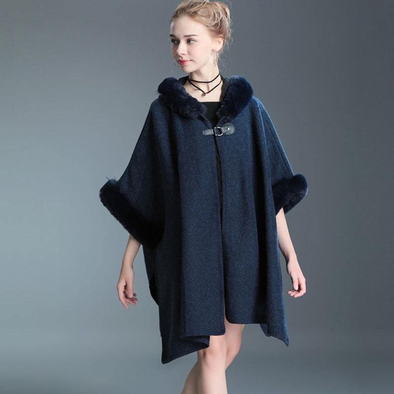 Herbst und Winter Imitation Rex Kaninchen Pelzkragen Kapuzenschal Damen Großer Wollmantel Mantel Lose Strickjacke Damen