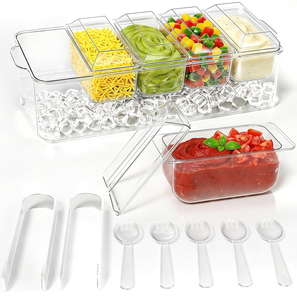 Condiment Tray, Chilled Condiment Server for Home, Party, Celebration, Bar Garnish Holder on Ice,Bar Accessories Fruit,Salad with Removable Trays&Lids