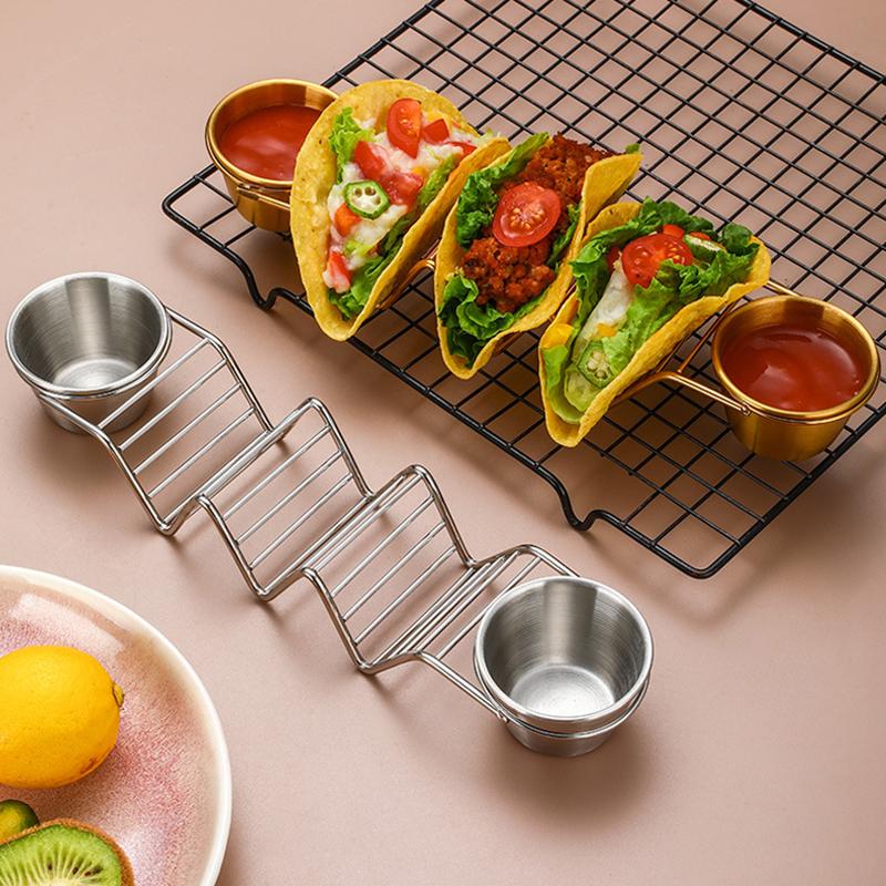 Stainless Steel Taco Holder with 2 Sauce Cups Taco Stand Holds 3 Tortillas Taco Tray Plates Fits Air Fryer Oven Kitchen Gadgets