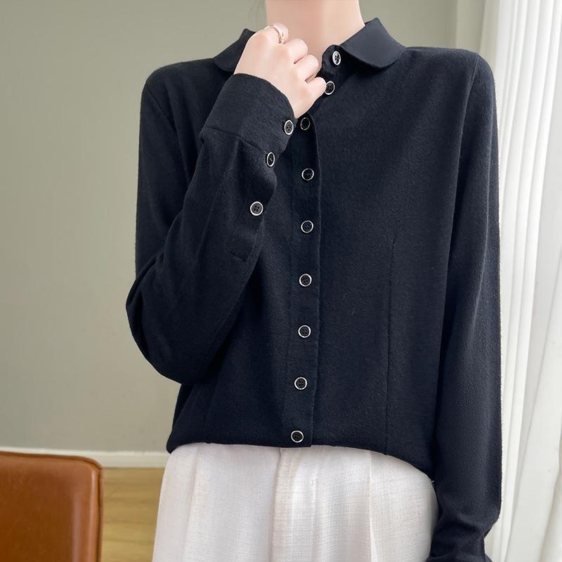 2025 Early Autumn Merino Wool Polo Collar Knit Cardigan, Long Sleeve Solid Color, Loose Fit Versatile Shirt