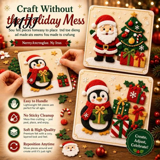 Indoor Outdoor DIY Decor Christmas Magic Felt Sticker Art Kit for Kids, 3D Layered Santa & Tree Custom Sculpting Set Craft Set, No Mess Peel