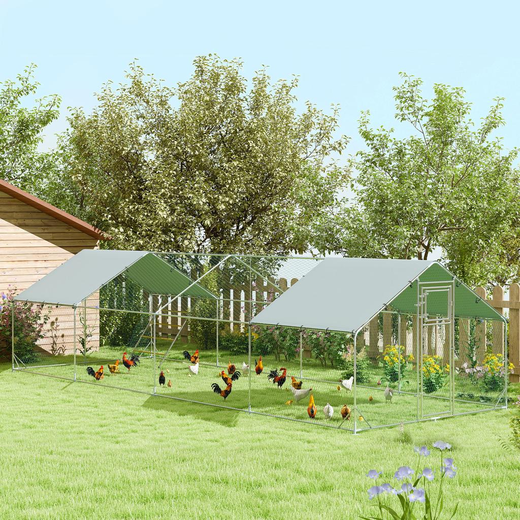 Chicken Coop, Free-range Enclosure for Chickens, with UV-resistant Tarpaulin, Steel Mesh, Automatic Feeder, for 24-30 Chickens