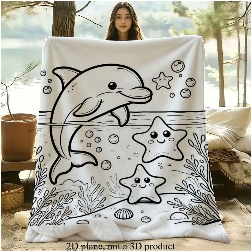 Dolphin Starfish Ocean Pattern Black And White 2D Flat Blanket Doodle Coloring Training Focus Outdoor Travel Camping All Seasons Multi-Functional Nap