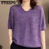 Women's Color Sweater Loose V-neck Pullover Knitted Sweater Short Sleeved Knitted T-shirt
