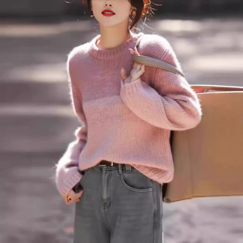 Autumn and Winter New Soft Waxy Color Matching Round Neck Pullover Women's Fashion Casual Loose Inner Bottoming Knitted Sweater