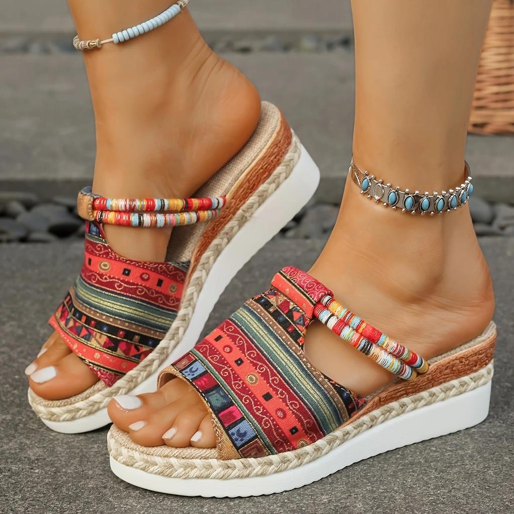 Fashion Summer New Colorful Printed Wedge Heel Slippers for Women, Fashionable Fish-mouth High-heeled Beach Slippers in Bohemia