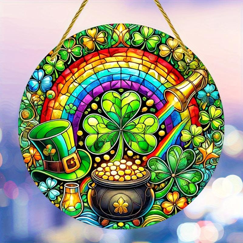 2D Flat St Patrick'S Day Acrylic Decoration Sign, Shamrocks, Rainbow & Pot of Golden Design, Home Decor Plaque Hanging Wall Art Decorative Garden Deco