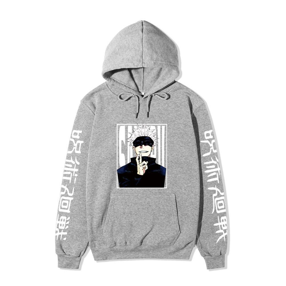 Jujutsu Kaisen Satoru Gojo Unisex Fleece Hoodie Autumn Winter Anime Character Japanese Kanji Sleeve Print Long Sleeve Pullover Sweatshirt