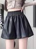 Women's High-Waist A-Line PU Leather Shorts - Brown, Autumn/Winter 2023, Fashionable Slim Wide-Leg Design for Outerwear with Boots.
