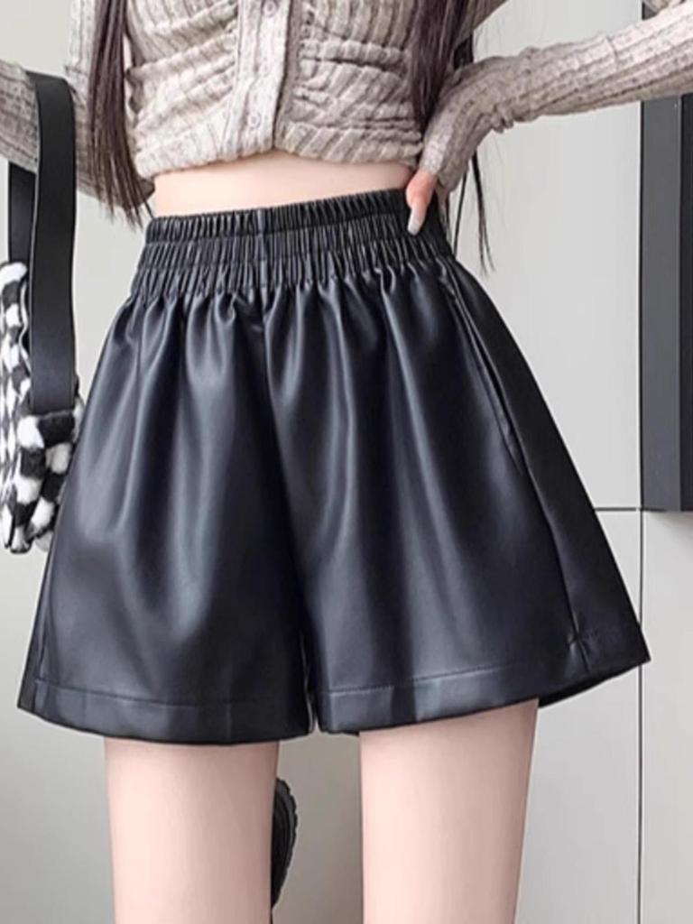 Women's High-Waist A-Line PU Leather Shorts - Brown, Autumn/Winter 2023, Fashionable Slim Wide-Leg Design for Outerwear with Boots.