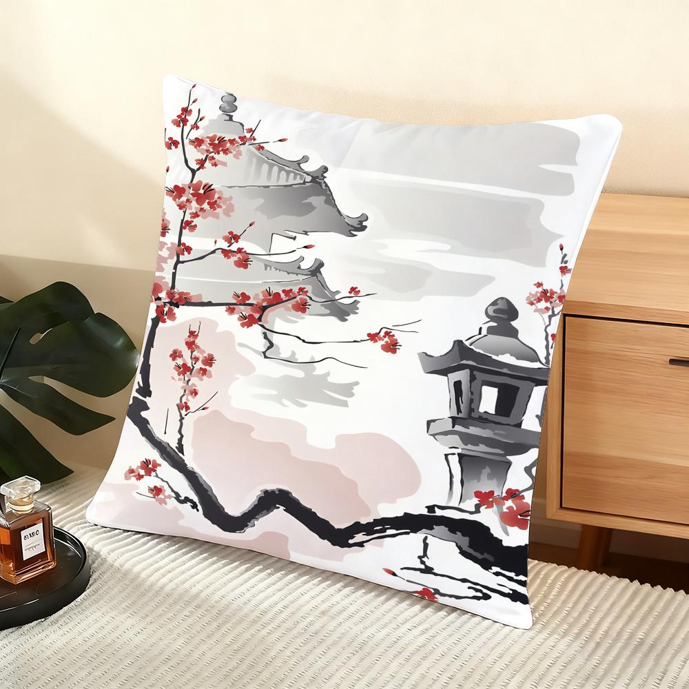 Japanese Pagoda Landscape Cushion Cover Soft Short Plush Pillow Cover Smooth Cozy Texture Aesthetic Cushion Case Home Decor