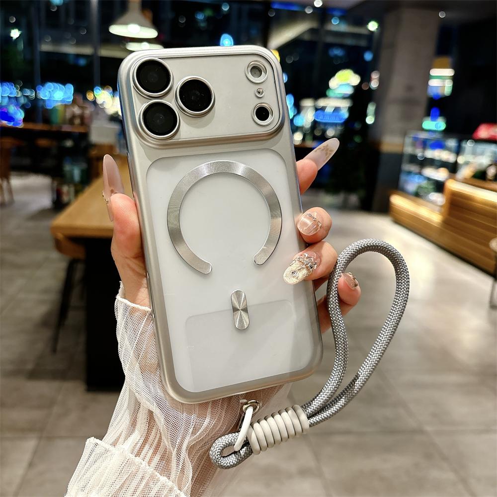 

Matte Plating PC For Magsafe Case For iPhone 17 16 15 Pro Max Air Hard Lens Protector Film Translucent Wrist Strap Cover iPhone17 Pro