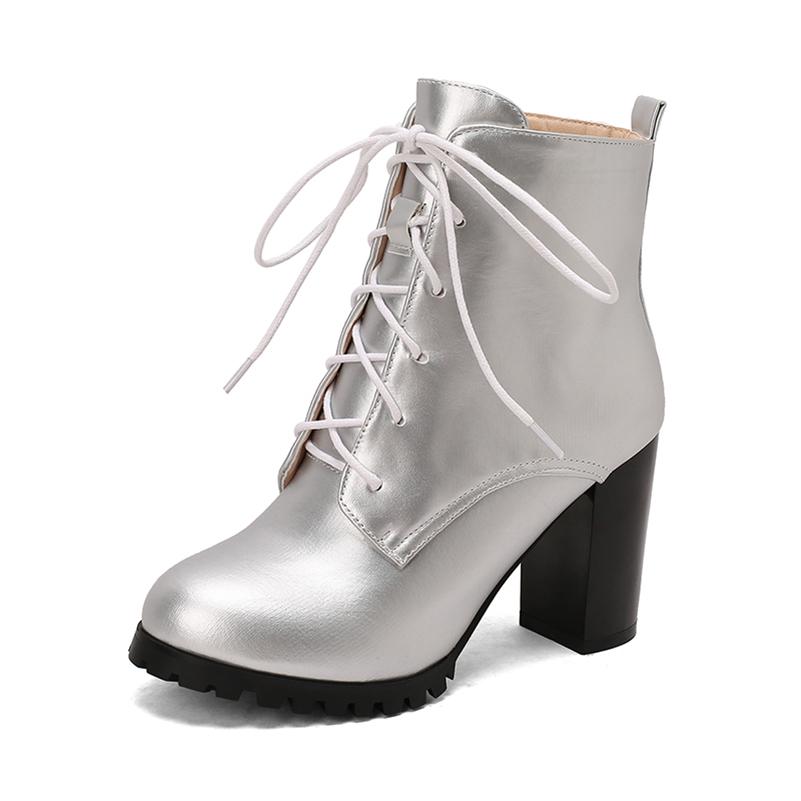 ANNYMOLI Women Ankle Boots Pointed Toe Block High Heels Lace-up Zipper Short Boots Ladies Fashion Shoes Autumn Winter 46