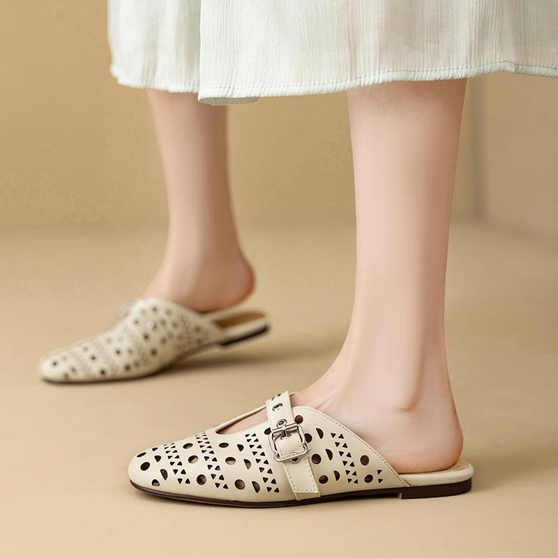 Fashion New women's cowhide round toe breathable belt buckle, low heel, large toe, Mueller slippers, perforated shoes 44 45 46 47 48