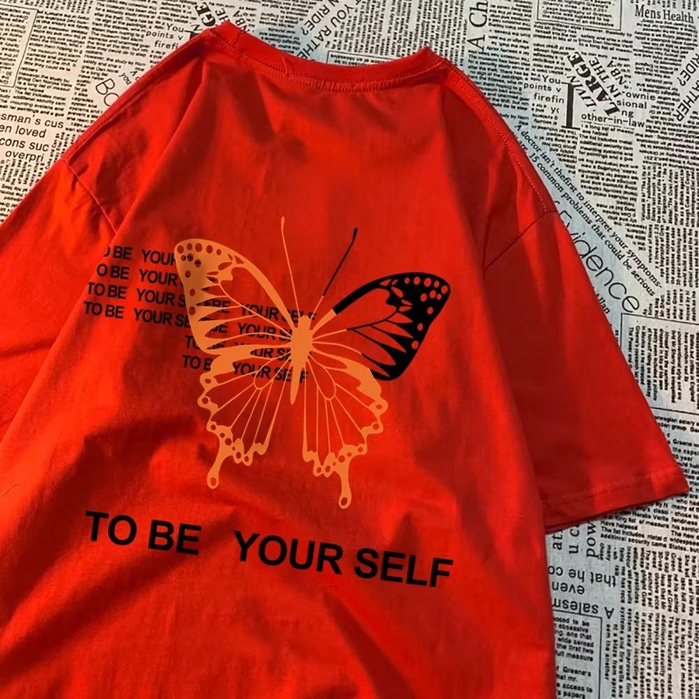 To Be Yourself A Butterfly Tshirts Men Women Oversize Vintage Sweat T Shirts Loose Cotton T-Shirts Cartoon Summer Tee Clothes