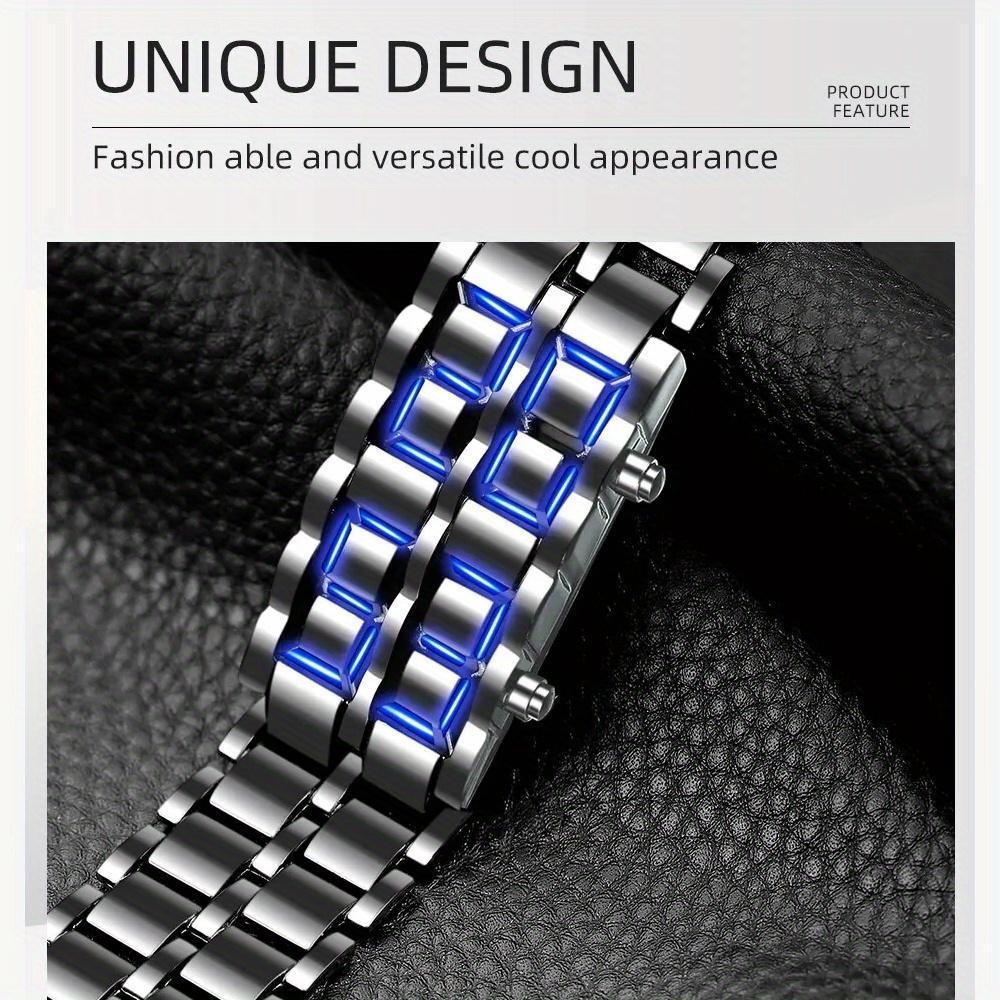 4PCS Watch Necklace Set Fashion All Stainless Steel Digital Lava Watch Blue LED Display Men's Watch Bracelet Men's Gift Sport Creative Clock