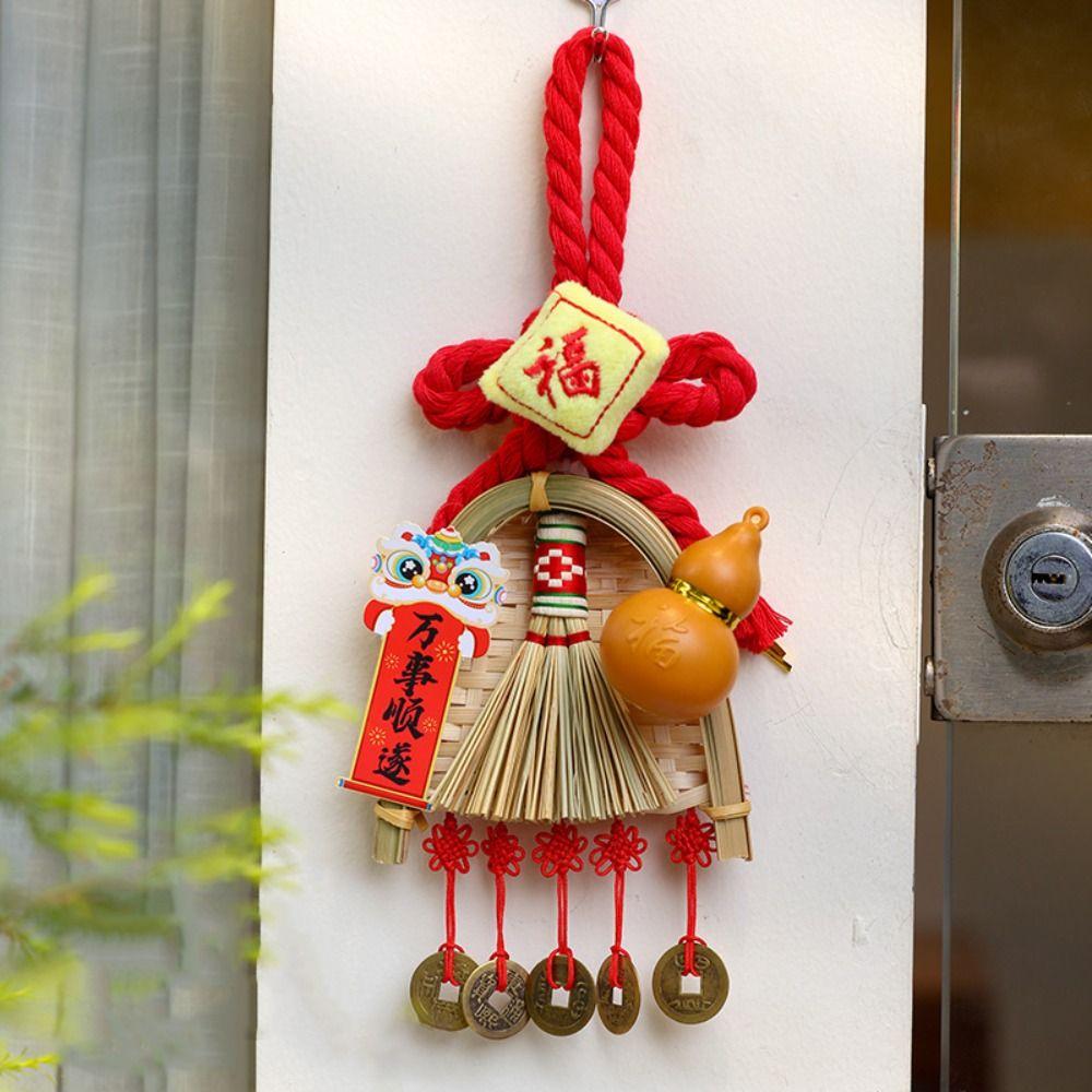 Exquisite Broom Dustpan Pendant Chinese Knot Copper Coin Mini Broom Hanging Ornaments Red Portable Door Handle Pendants