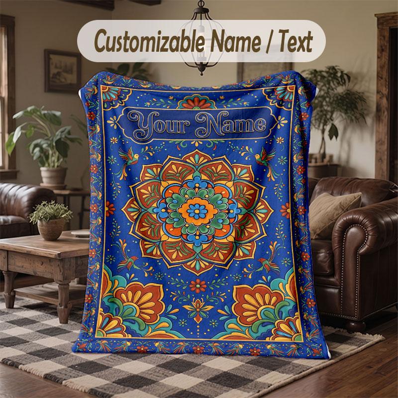 Mandala Theme Throw Blanket Custom Name Text Personalized Blanket Soft Cozy Blanket for Home Sofa Bed
