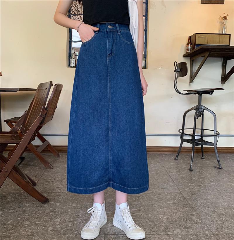2022 Summer Women's High-Waist A-Line Denim Skirt, Medium-Length, Large Size, Korean Style.
