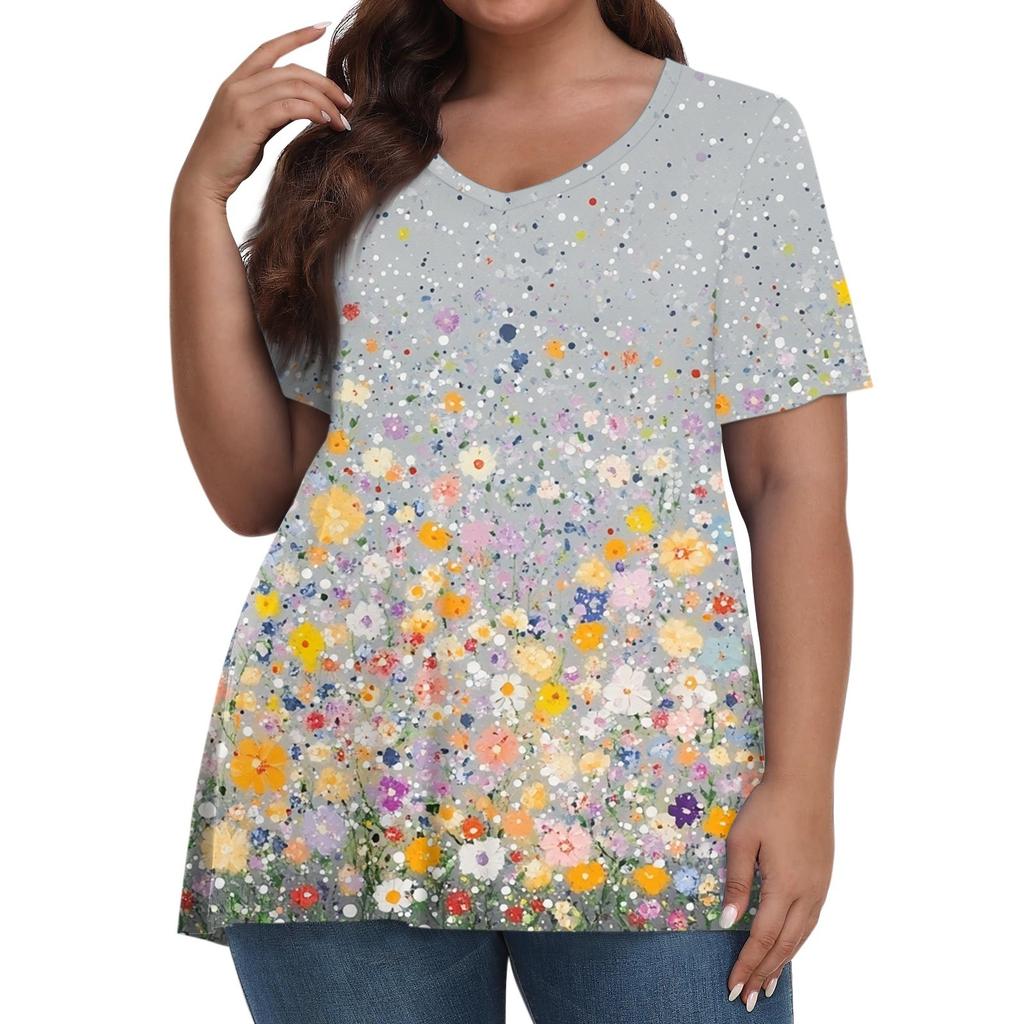 Women's Fashion Casual V-Neck Pullover Short Sleeve Large Size Printed T-Shirt Top
