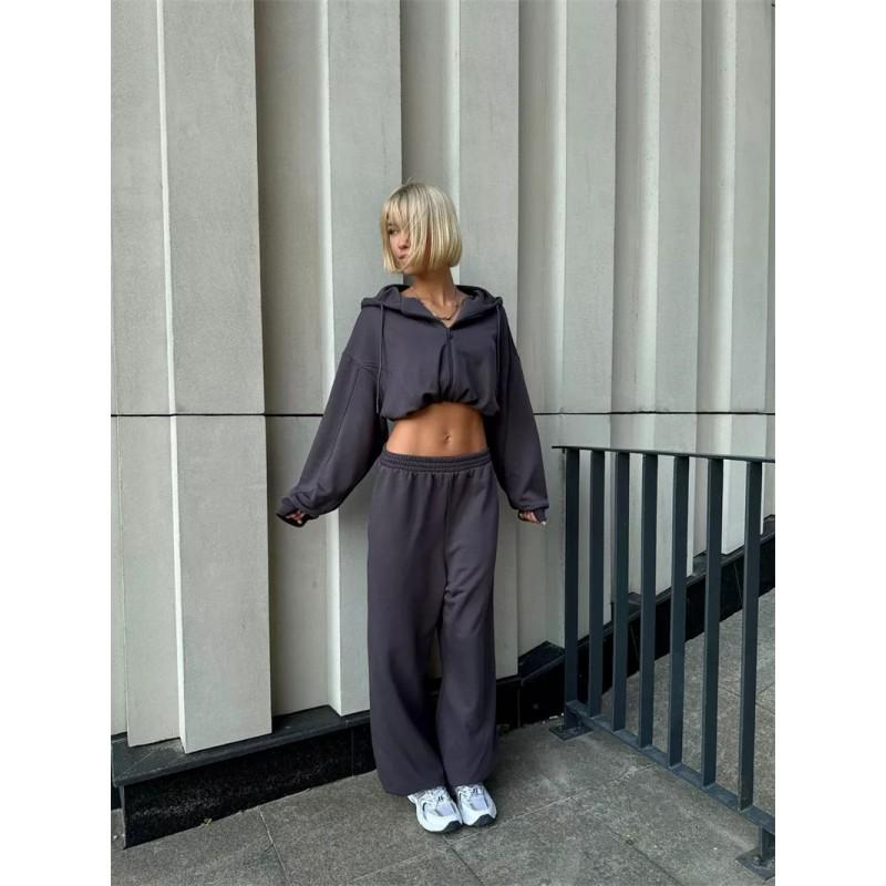 Womens 2025 Casual Hooded Long Sleeve Top Pants Set Solid Color Streetwear Two-Piece Outfit