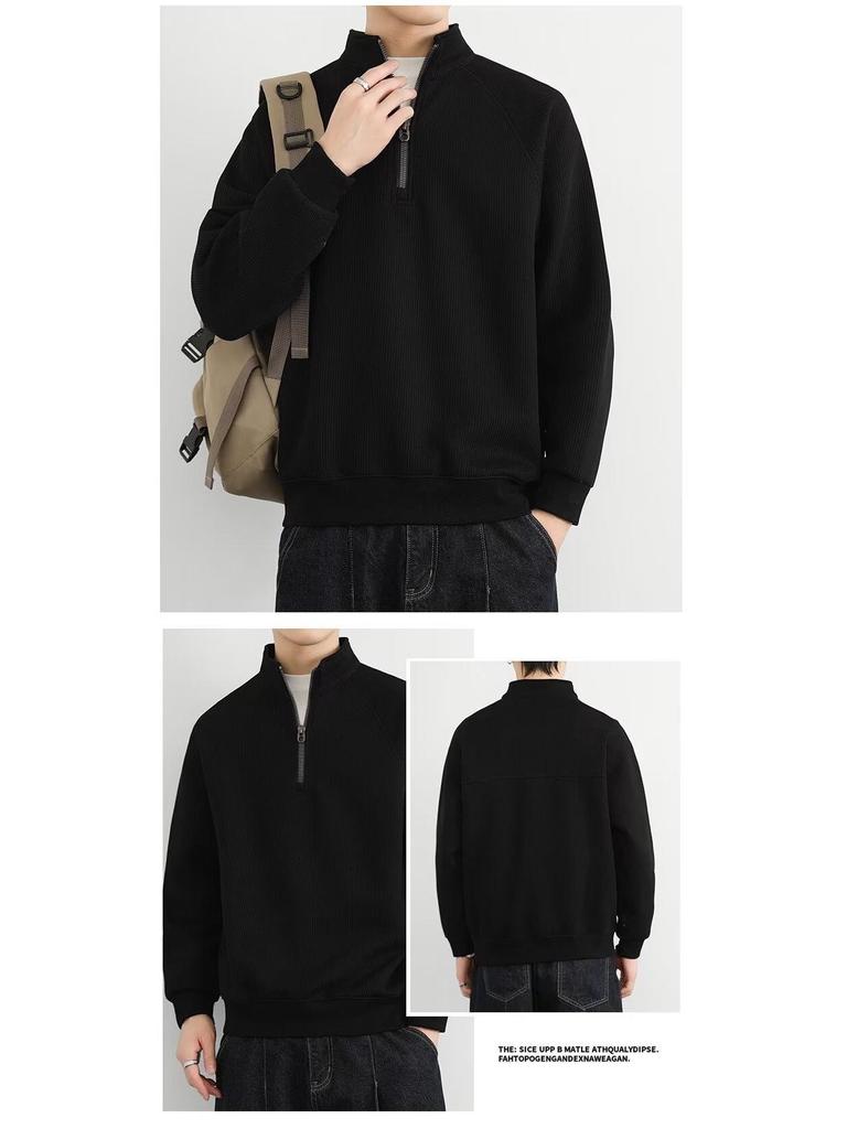 Men's Retro Fleece-Lined Half-Zip Stand Collar Jacket | Solid Color Casual Sweatshirt for Spring, Autumn, Winter