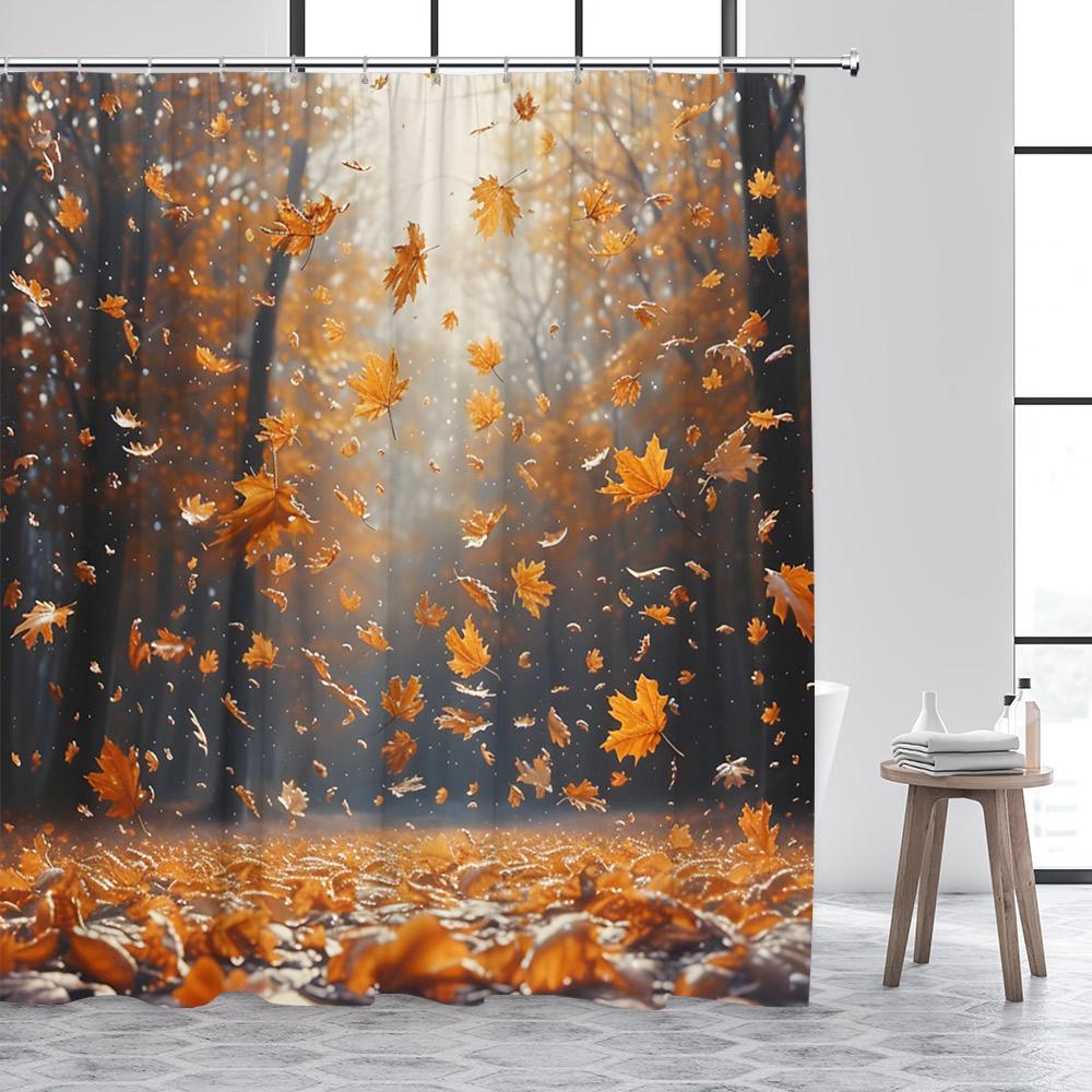 Herbstwald Duschvorhänge Rote Ahornbäume Fallende Blätter Straße Herbstlandschaft Stoff Heim Badezimmer Vorhang Dekor Mit Haken