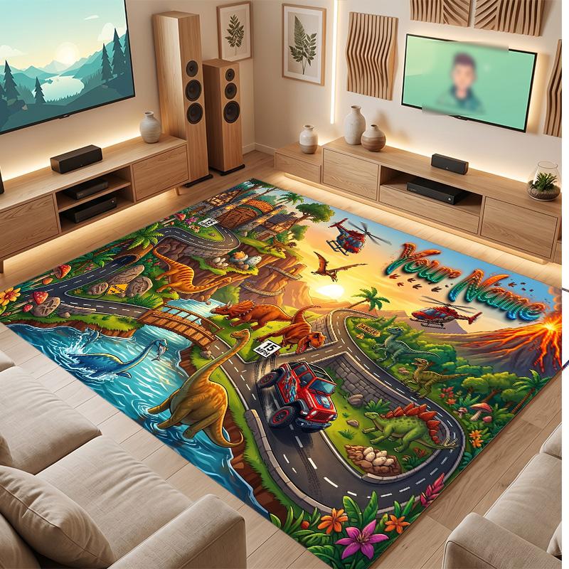 Dinosaur Theme Soft Crystal Velvet Rug Custom Name & Text Print Non Slip Floor Rug for Bedroom Living Room