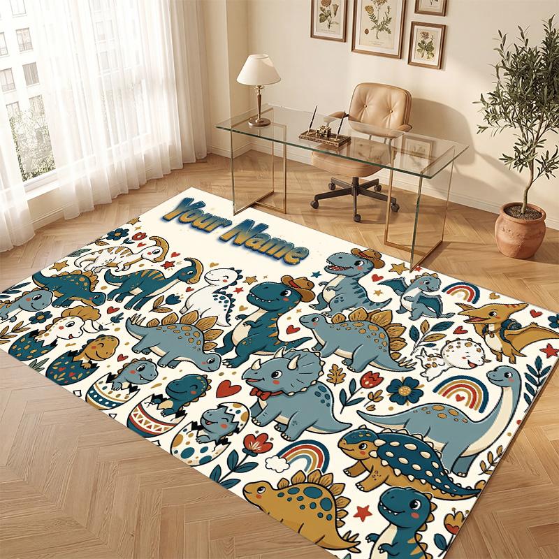 Dinosaur Theme Soft Crystal Velvet Rug Custom Name & Text Print Non Slip Floor Rug for Bedroom Living Room