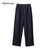 Plus Size Korean Style Spring Autumn Women Basic Navy Blue Jeans Elastic Waist Solid Simple Straight Denim Pants Elegant Feminine Office Lady Jeans
