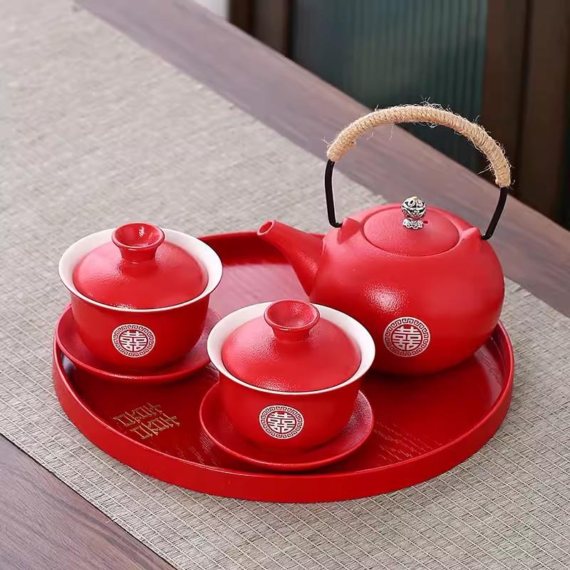 Red Tea Set Cover Bowl Set, One Pot, New Couple's Wedding Change of Mouth, Tea Cup, Chinese Wedding Celebration