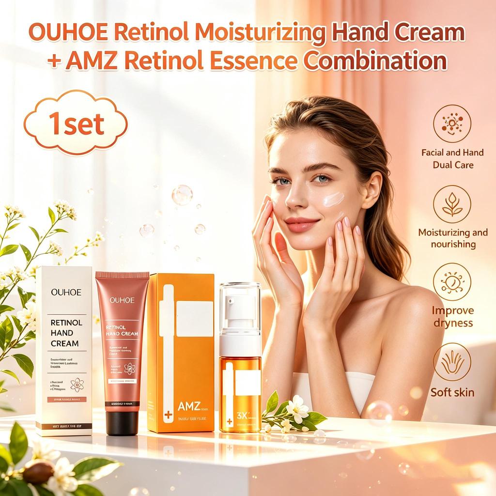 OUHOE Retinol Moisturizing Hand Cream + AMZ Retinol Essence Combination Facial and Hand Dual Care Moisturizing, nourishing and improving dry skin