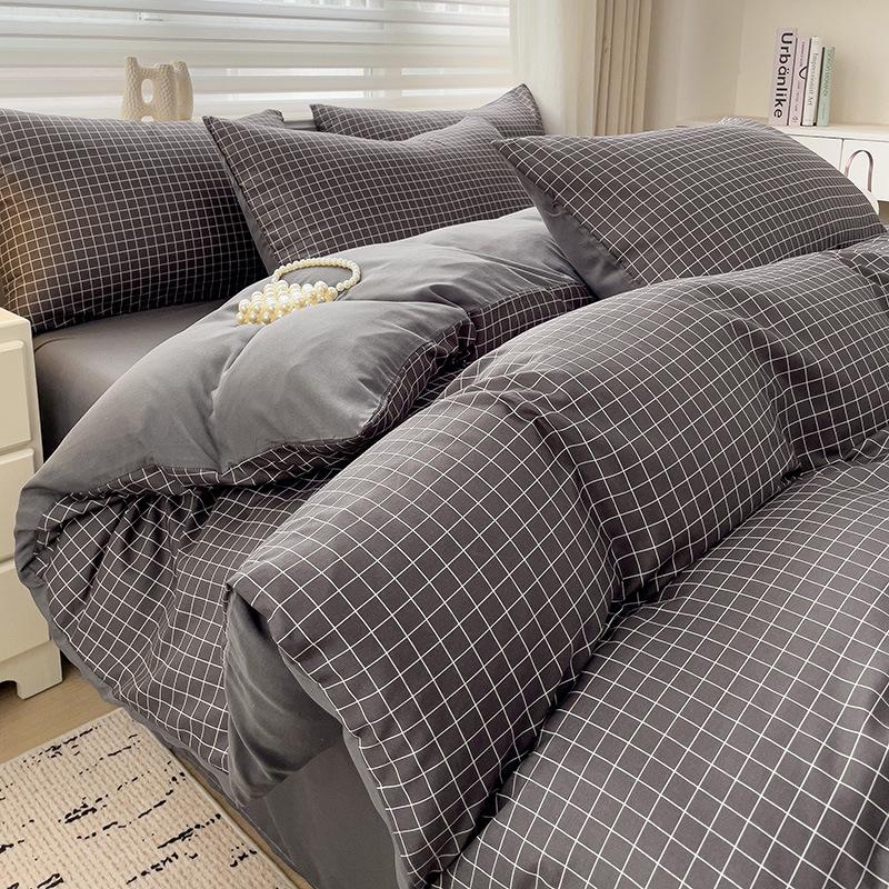 Zweifarbige Aloe-Baumwolle Gebürstetes Karomuster Bettwäsche-Set: Bettdecke, Bettlaken und Kissenbezüge für Wohnheime - MUJI Stil