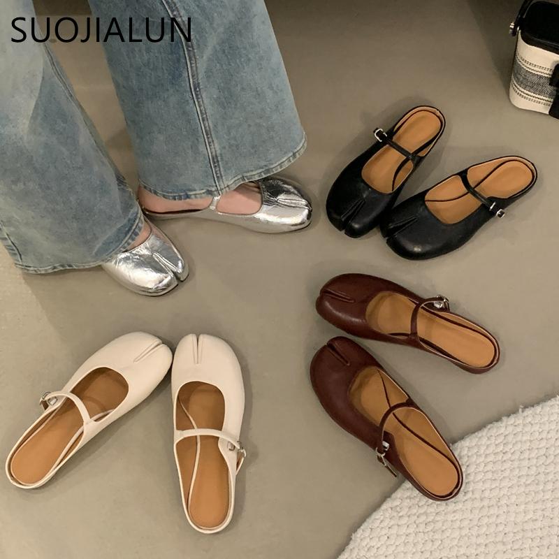 Fashion SUOJIALUN 2025 Summer New Women Slipper Fashion Split Toe Flat Heel Slip On Mules Shoes Soft Outdoor Casual Dress Sandal Slide