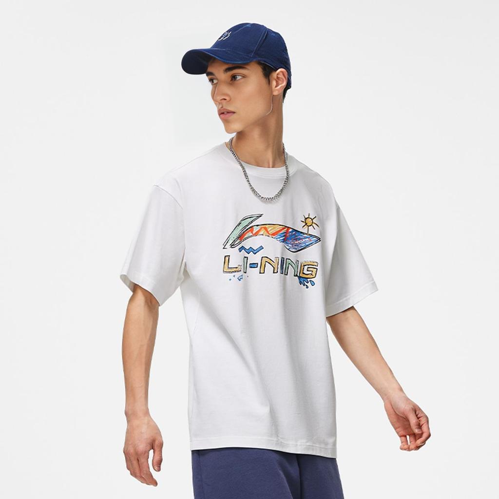 Li-Ning Hand-Painted Large Logo Print Loose Comfortable Versatile Short Sleeve T-Shirt Men Tops White AHSU745-2