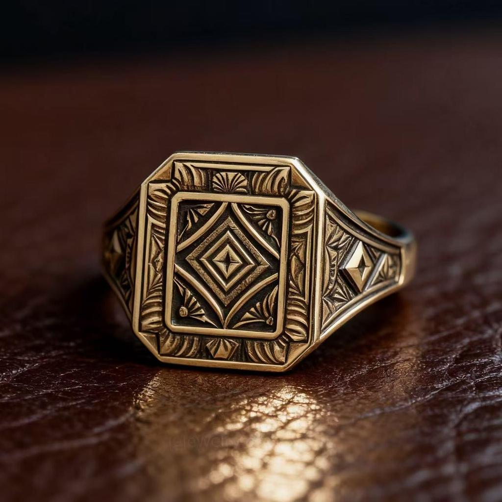 Eco-friendly 2025 Alloy Men's Ethnic Ring, Gold Imitation, Retro Engraved Patterns
