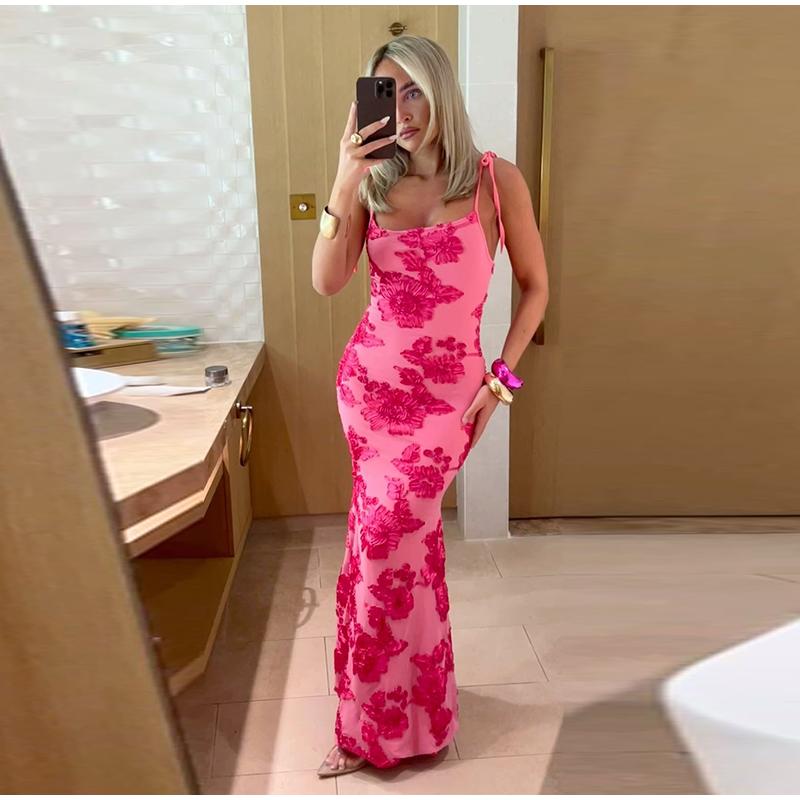 Floral Embroidery O-neck Backless Sleeveless Female Dresses Slim Hip Package Party Lady Evening Robe