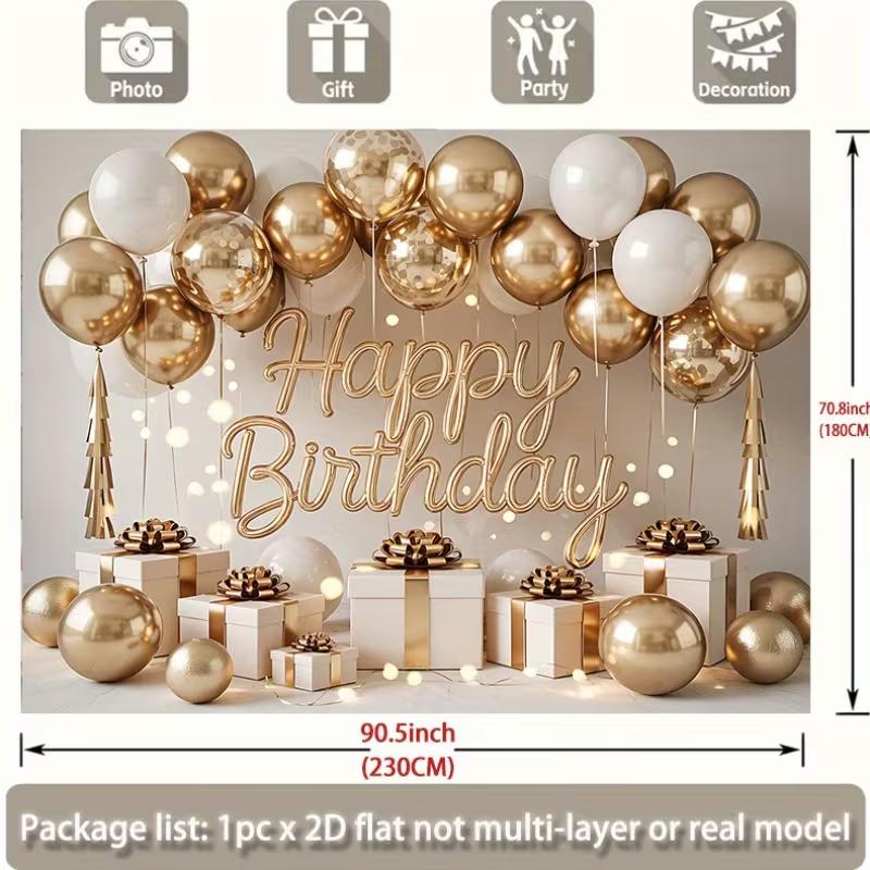 2D Gold Balloon Happy Birthday Backdrop Banner Neutral Tone Party Decor Background