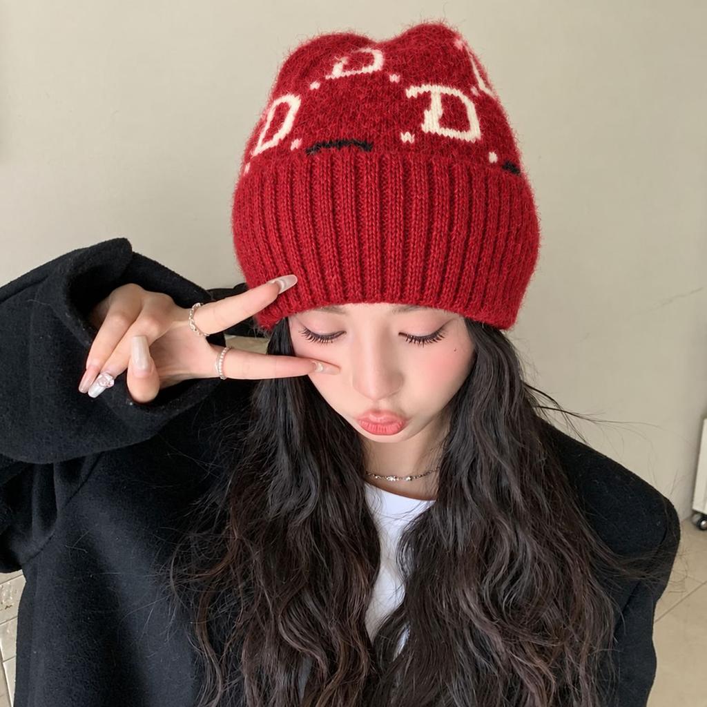 Personalized jacquard letter knitted cold hat women's winter big head circumference stacking hat men's and women's ear protectors cold hat